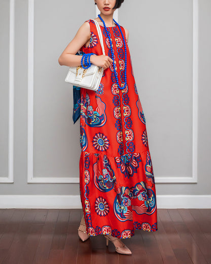 Đầm Max Boho Lụa 1970 Không Tay / Hoạ tiết Mây Hoạ Long Ân Đỏ