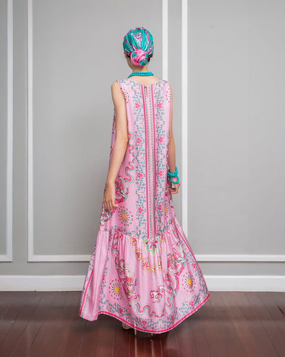Đầm Max Boho Lụa 1970 Không Tay / Hoạ tiết Phụng Vũ Vân Ca Hồng Phấn