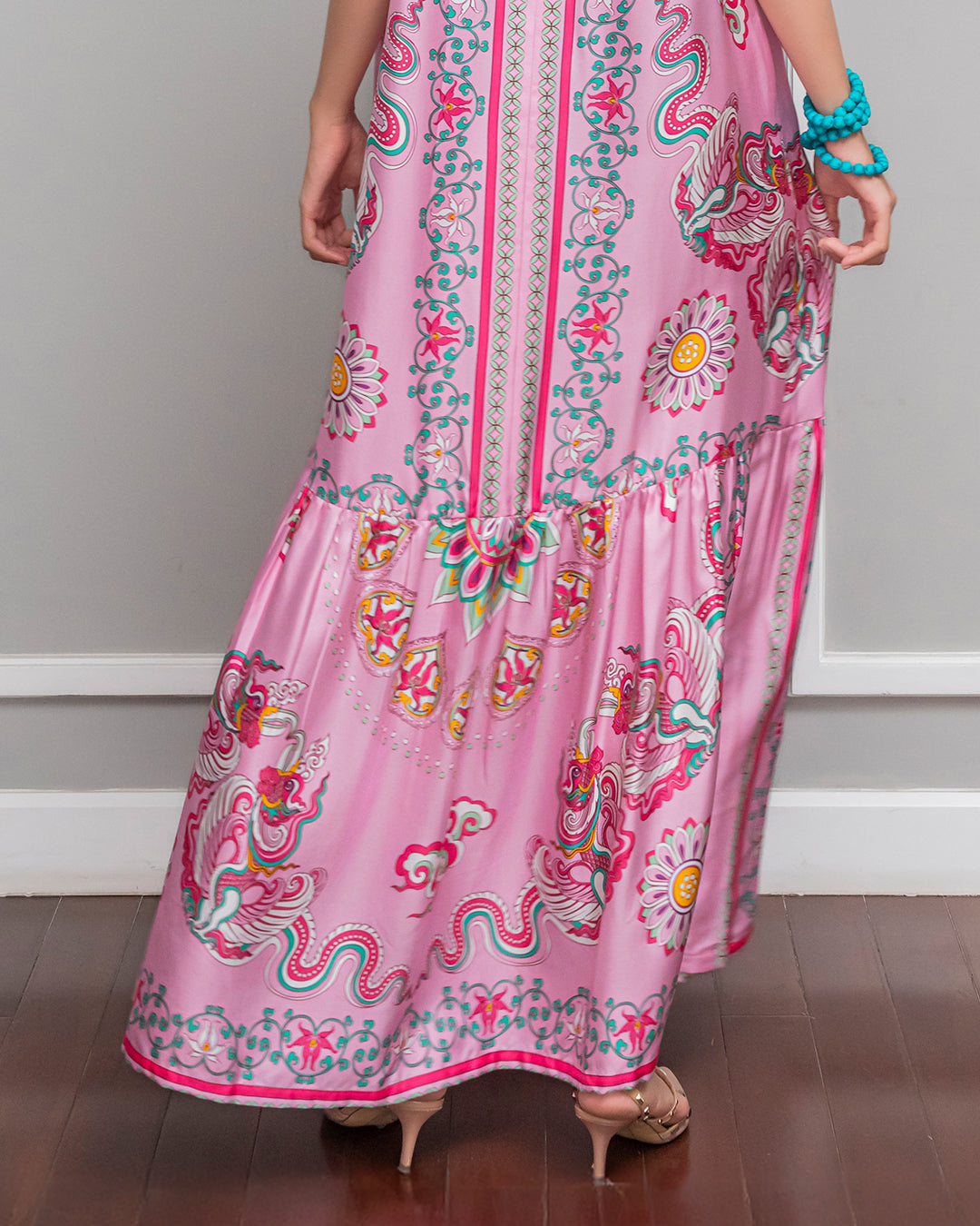 Đầm Max Boho Lụa 1970 Không Tay / Hoạ tiết Phụng Vũ Vân Ca Hồng Phấn