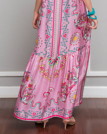 Đầm Max Boho Lụa 1970 Không Tay / Hoạ tiết Phụng Vũ Vân Ca Hồng Phấn