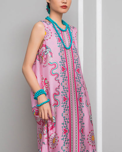 Đầm Max Boho Lụa 1970 Không Tay / Hoạ tiết Phụng Vũ Vân Ca Hồng Phấn