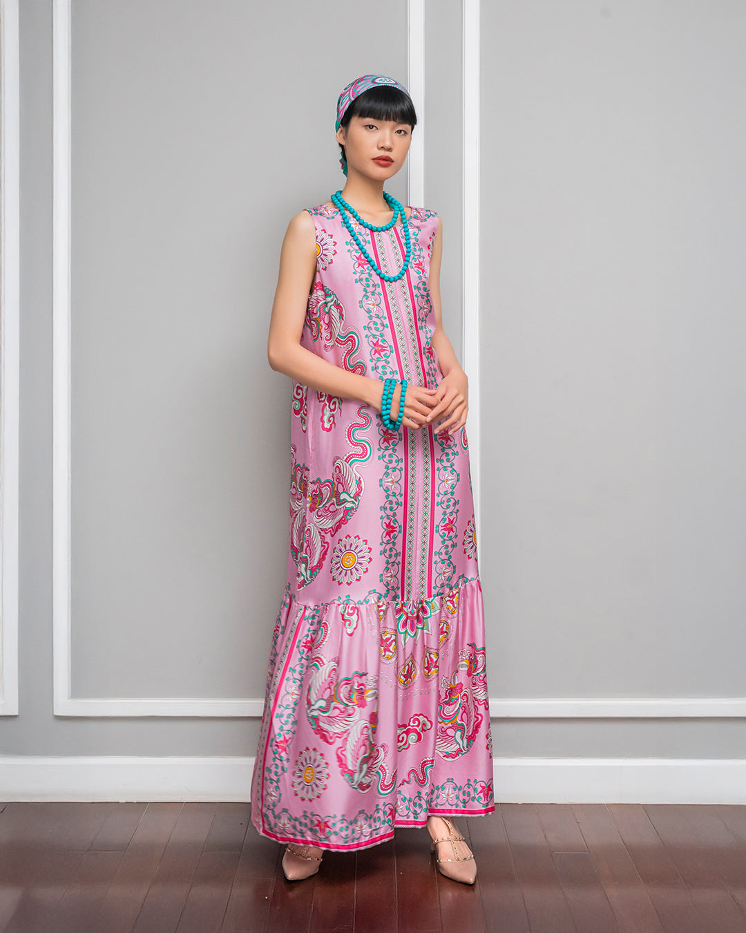 Đầm Max Boho Lụa 1970 Không Tay / Hoạ tiết Phụng Vũ Vân Ca Hồng Phấn