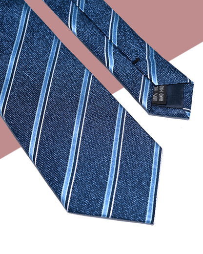 Quà Tặng Cao Cấp / Cà Vạt Lụa Gấm Hoa Văn Kẻ Chéo / Xanh Dương / 8cm x 145cm