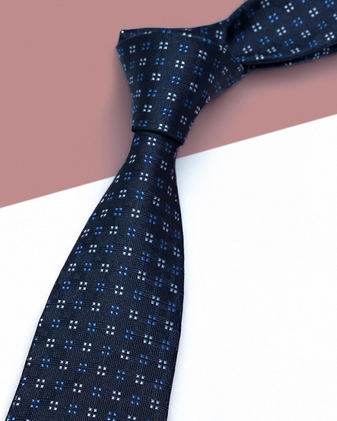 Cà Vạt Lụa Gấm Hoa Văn Chấm Ô Vuông / Xanh Than / 8cm x 145cm