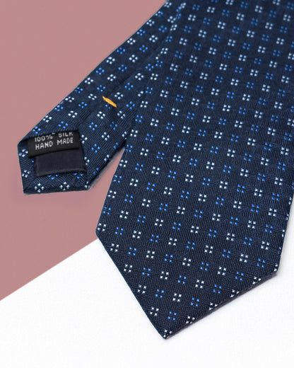 Cà Vạt Lụa Gấm Hoa Văn Chấm Ô Vuông / Xanh Than / 8cm x 145cm