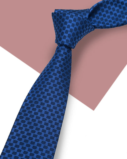 Quà Tặng Cao Cấp / Cà Vạt Lụa Gấm Hoa Văn Caro / Xanh Dương / 8cm x 145cm