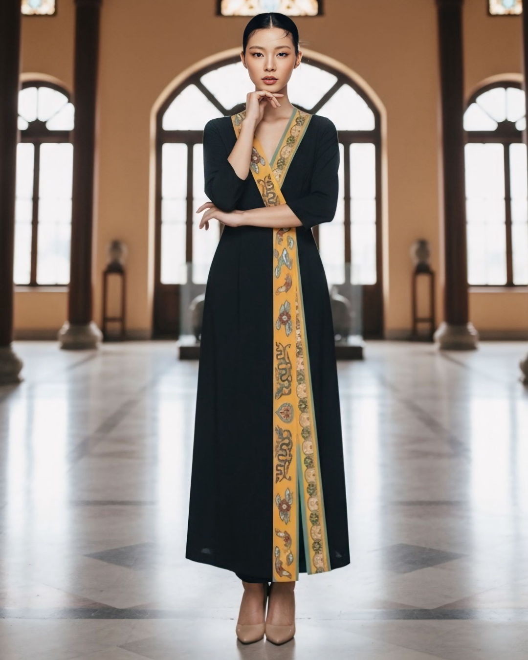 Đầm Quấn Lụa / Họa tiết Lụa Trơn Đen & Twilly Mây Hoạ Long Ân Vàng