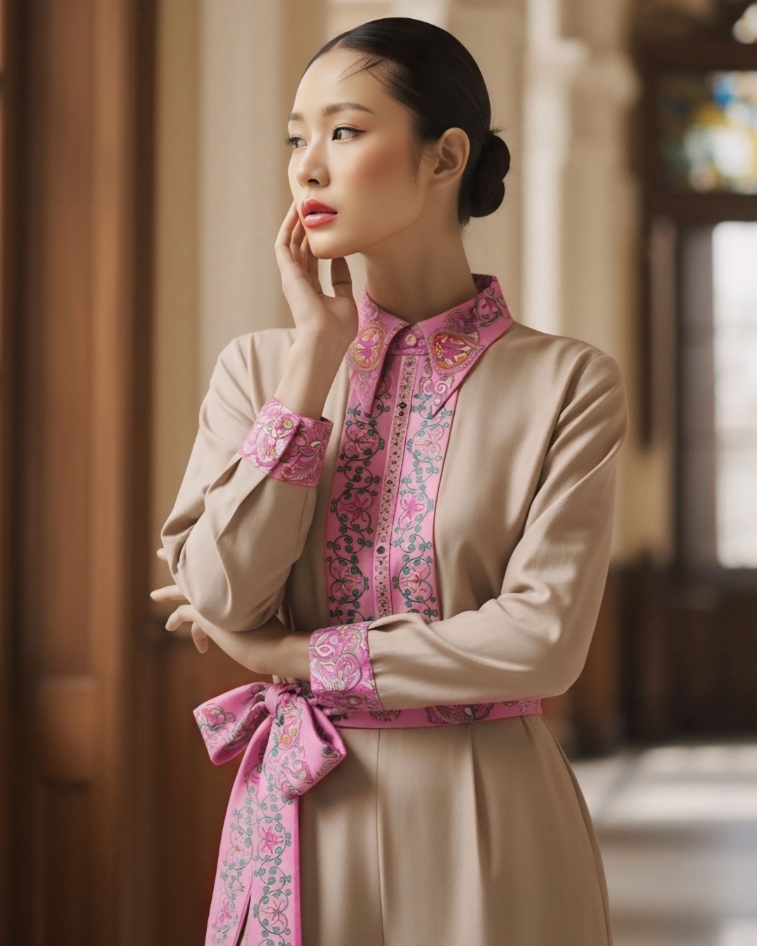 Bộ Lụa Công Sở / Họa tiết Lụa Trơn Be Hồng & Twilly Phụng Vũ Vân Ca Hồng