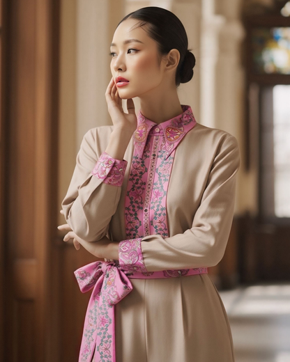 Bộ Lụa Công Sở / Họa tiết Lụa Trơn Be Hồng & Twilly Phụng Vũ Vân Ca Hồng