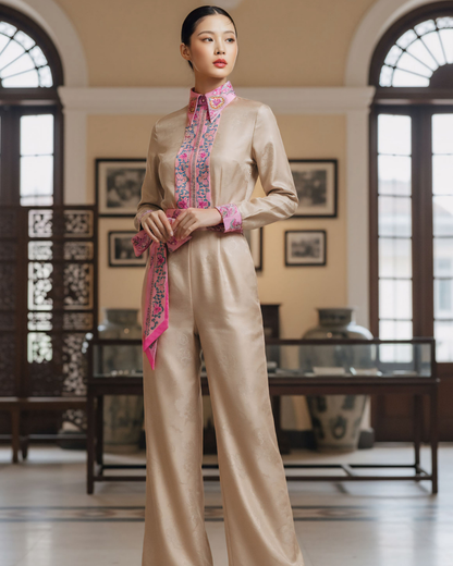 Bộ Lụa Công Sở / Họa tiết Lụa Trơn Be Hồng & Twilly Phụng Vũ Vân Ca Hồng