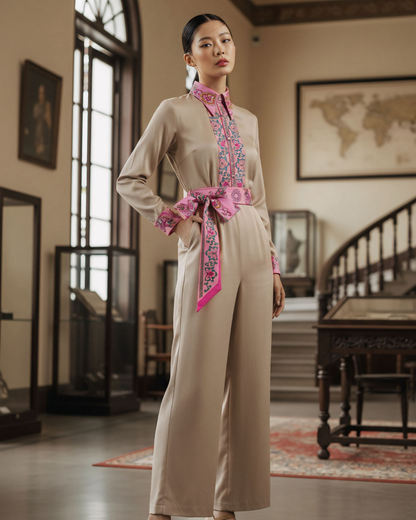 Bộ Lụa Công Sở / Họa tiết Lụa Trơn Be Hồng & Twilly Phụng Vũ Vân Ca Hồng