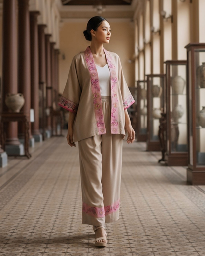 Bộ Lụa Kimono / Họa tiết Lụa Trơn Be Hồng & Twilly Phụng Vũ Vân Ca Hồng