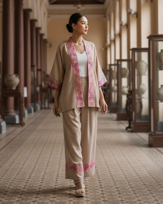 Bộ Lụa Kimono / Họa tiết Lụa Trơn Be Hồng & Twilly Phụng Vũ Vân Ca Hồng