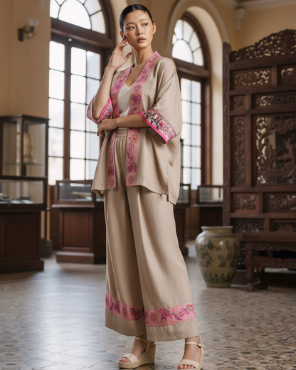 Bộ Lụa Kimono / Họa tiết Lụa Trơn Be Hồng & Twilly Phụng Vũ Vân Ca Hồng