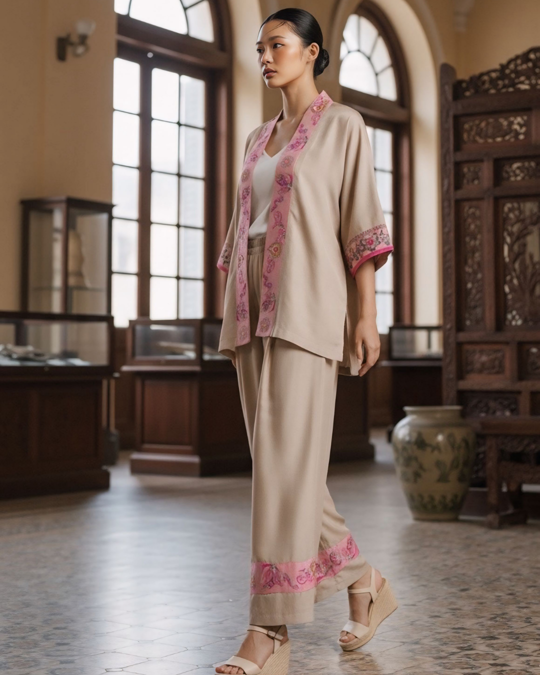 Bộ Lụa Kimono / Họa tiết Lụa Trơn Be Hồng & Twilly Phụng Vũ Vân Ca Hồng