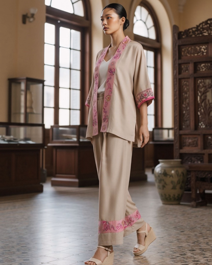 Bộ Lụa Kimono / Họa tiết Lụa Trơn Be Hồng & Twilly Phụng Vũ Vân Ca Hồng