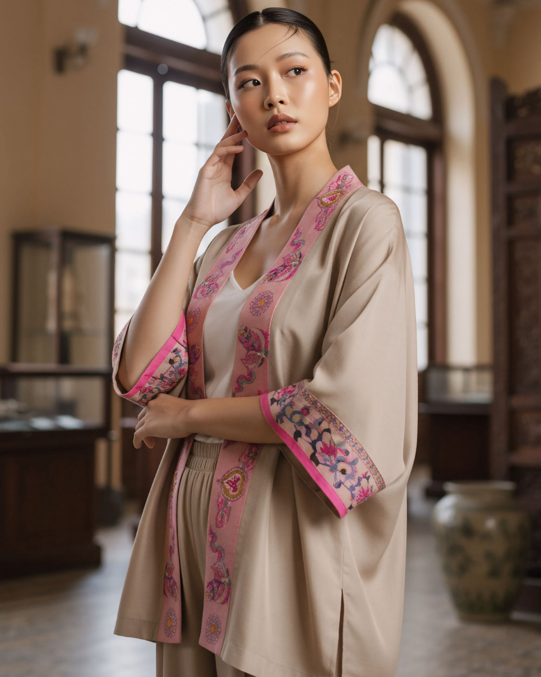 Bộ Lụa Kimono / Họa tiết Lụa Trơn Be Hồng & Twilly Phụng Vũ Vân Ca Hồng