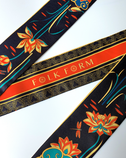 Quà Tặng Cao Cấp / Khăn Twilly Lụa Cố Đô Liên Hoạ / Đen & Da Cam / 6cm x 150cm