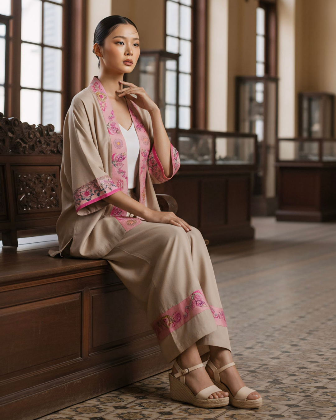 Bộ Lụa Kimono / Họa tiết Lụa Trơn Be Hồng & Twilly Phụng Vũ Vân Ca Hồng