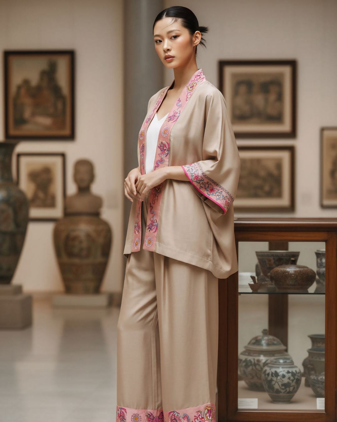 Bộ Lụa Kimono / Họa tiết Lụa Trơn Be Hồng & Twilly Phụng Vũ Vân Ca Hồng