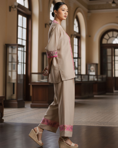 Bộ Lụa Kimono / Họa tiết Lụa Trơn Be Hồng & Twilly Phụng Vũ Vân Ca Hồng