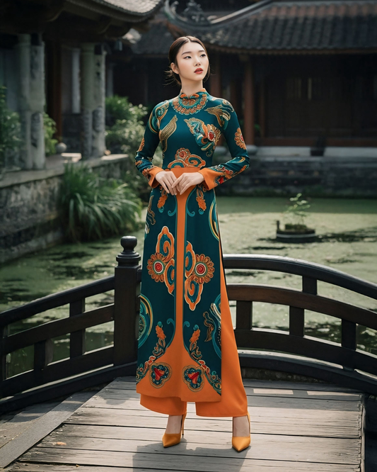 Áo Dài Lụa Truyền Thống / Họa tiết Hương Vân Long Mộng Xanh Lá & Da Cam