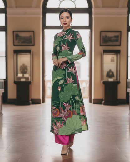 Áo Dài Lụa Truyền Thống / Họa tiết Uyên Ương Liên Hạ Xanh Lá & Hồng