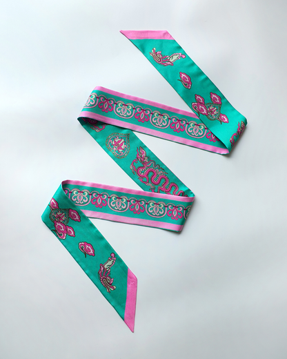 Quà Tặng Cao Cấp / Khăn Twilly Lụa Hương Vân Long Mộng / Xanh Ngọc & Hồng / 6cm x 150cm