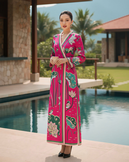 Đầm Quấn Lụa / Họa tiết Cố Đô Liên Hoạ Hồng & Xanh Lá