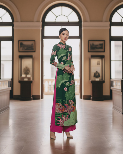 Áo Dài Lụa Truyền Thống / Họa tiết Uyên Ương Liên Hạ Xanh Lá & Hồng