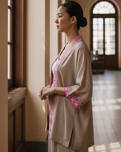 Bộ Lụa Kimono / Họa tiết Lụa Trơn Be Hồng & Twilly Phụng Vũ Vân Ca Hồng