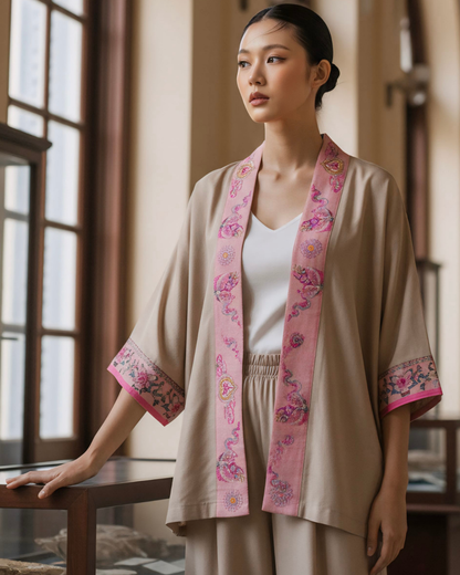 Bộ Lụa Kimono / Họa tiết Lụa Trơn Be Hồng & Twilly Phụng Vũ Vân Ca Hồng