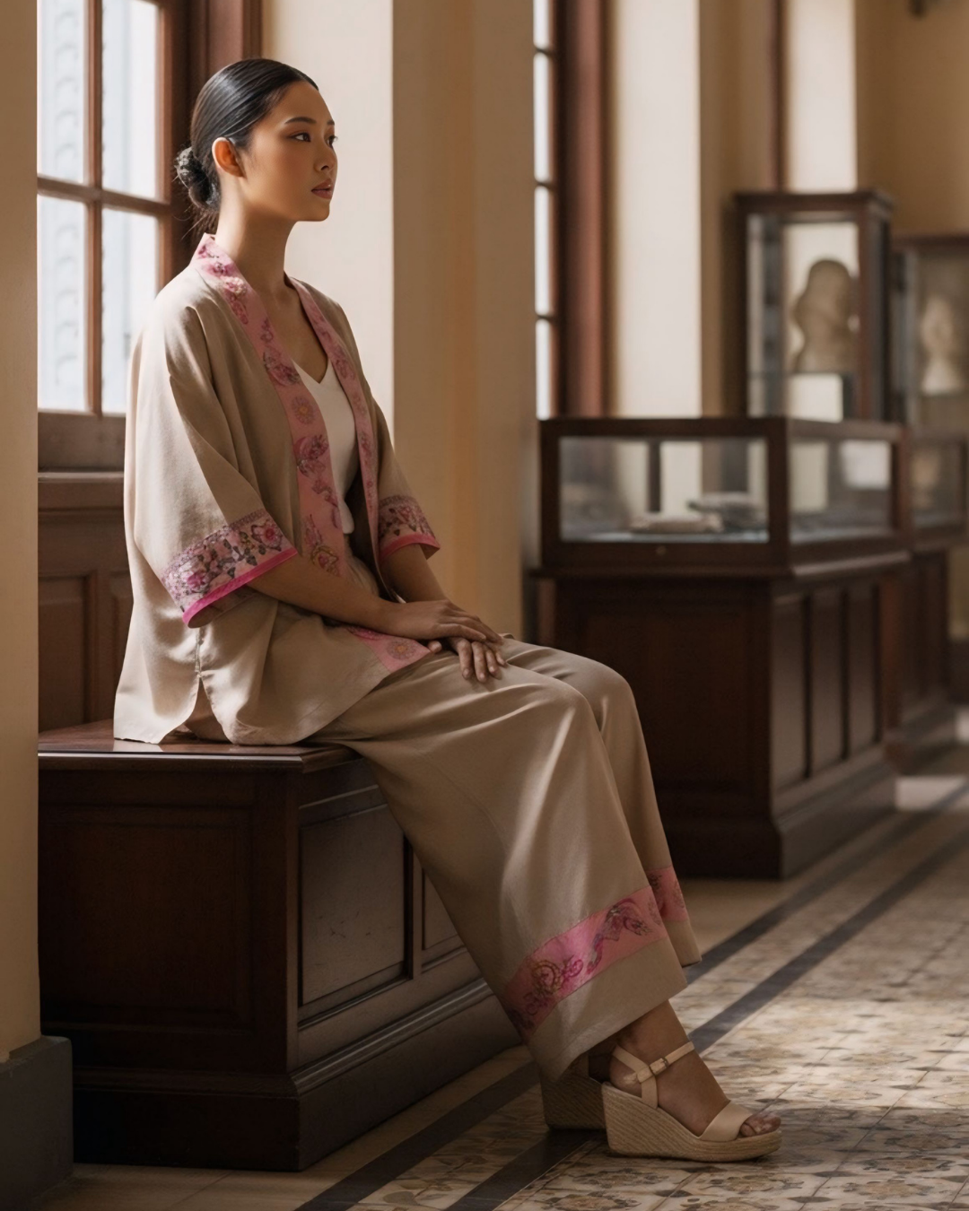 Bộ Lụa Kimono / Họa tiết Lụa Trơn Be Hồng & Twilly Phụng Vũ Vân Ca Hồng