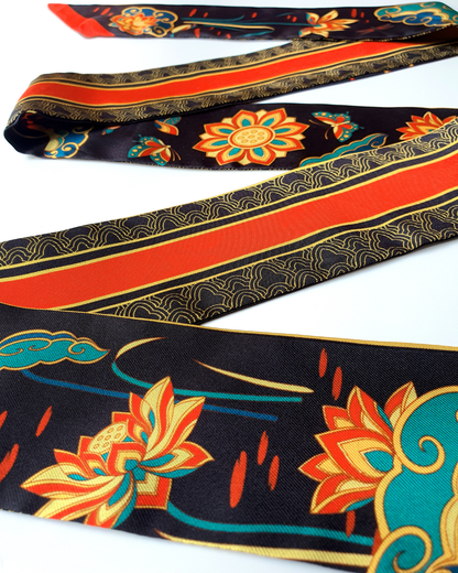 Quà Tặng Cao Cấp / Khăn Twilly Lụa Cố Đô Liên Hoạ / Đen & Da Cam / 6cm x 150cm