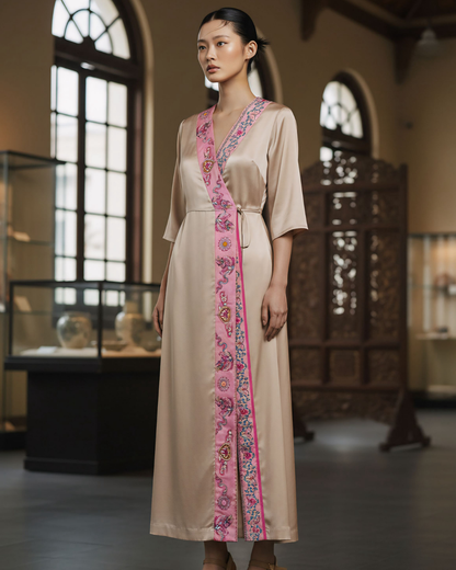 Đầm Quấn Lụa / Họa tiết Lụa Trơn Be & Twilly Phụng Vũ Vân Ca Hồng