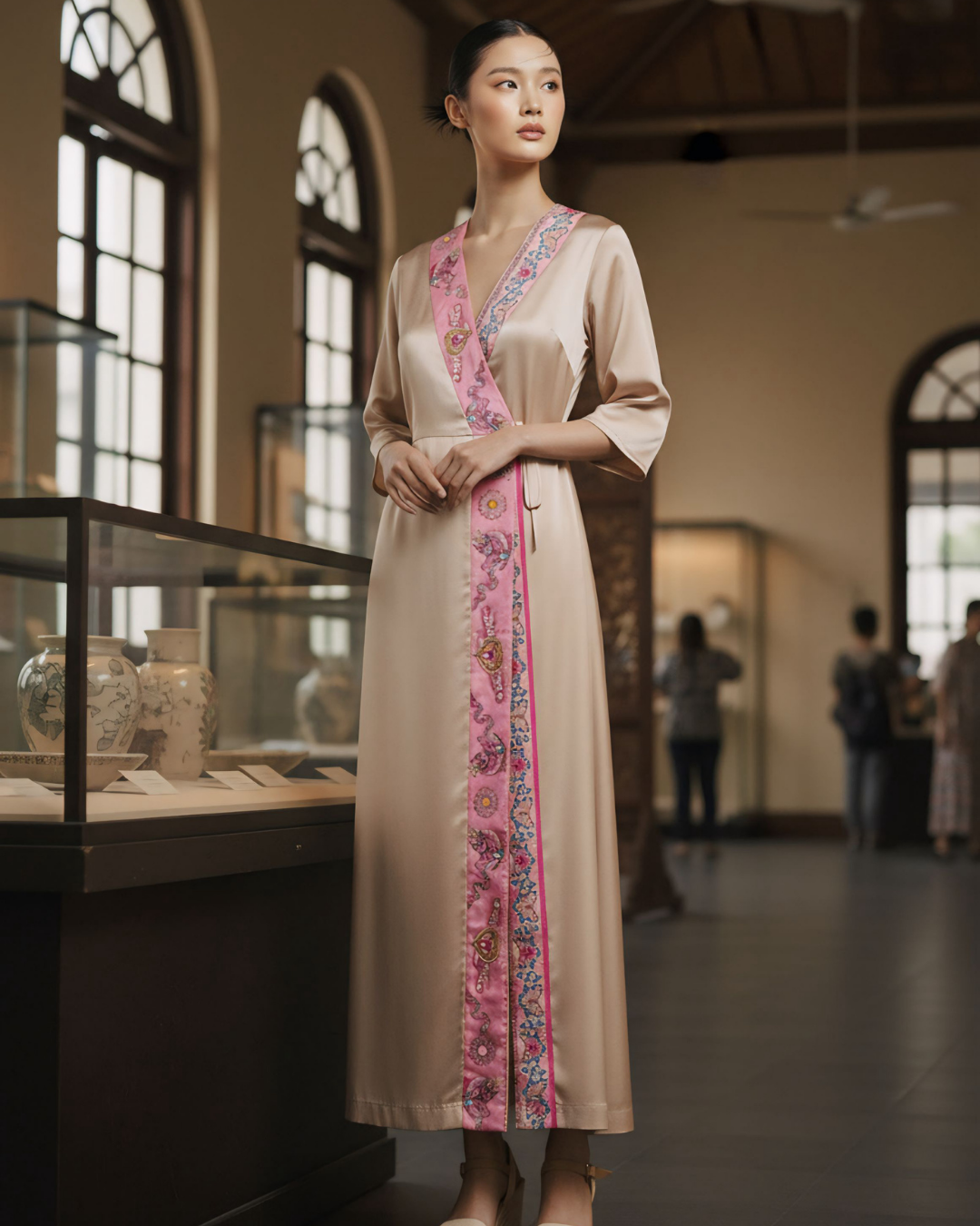 Đầm Quấn Lụa / Họa tiết Lụa Trơn Be & Twilly Phụng Vũ Vân Ca Hồng