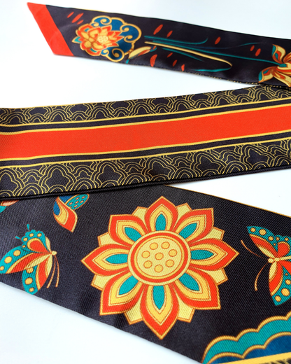 Quà Tặng Cao Cấp / Khăn Twilly Lụa Cố Đô Liên Hoạ / Đen & Da Cam / 6cm x 150cm