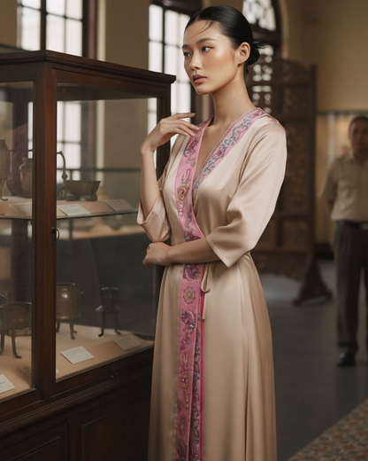 Đầm Quấn Lụa / Họa tiết Lụa Trơn Be & Twilly Phụng Vũ Vân Ca Hồng