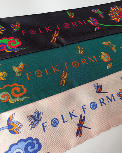 Quà Tặng Cao Cấp / Khăn Twilly Lụa Lý Quốc Ký Sự / Be & Xanh Dương / 6cm x 150cm