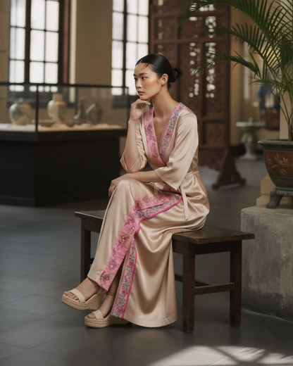 Đầm Quấn Lụa / Họa tiết Lụa Trơn Be & Twilly Phụng Vũ Vân Ca Hồng