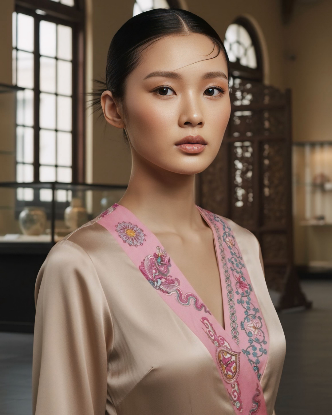 Đầm Quấn Lụa / Họa tiết Lụa Trơn Be & Twilly Phụng Vũ Vân Ca Hồng