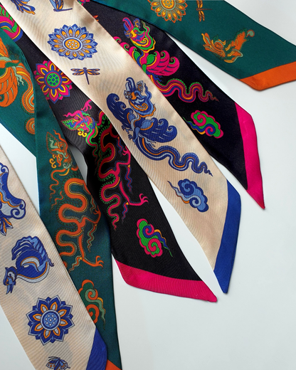 Quà Tặng Cao Cấp / Khăn Twilly Lụa Lý Quốc Ký Sự / Be & Xanh Dương / 6cm x 150cm