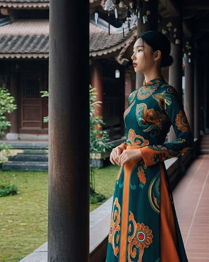Áo Dài Lụa Truyền Thống / Họa tiết Hương Vân Long Mộng Xanh Lá & Da Cam