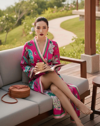 Đầm Quấn Lụa / Họa tiết Cố Đô Liên Hoạ Hồng & Xanh Lá