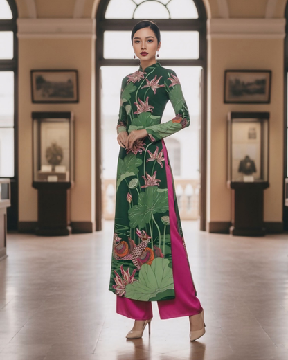 Áo Dài Lụa Truyền Thống / Họa tiết Uyên Ương Liên Hạ Xanh Lá & Hồng