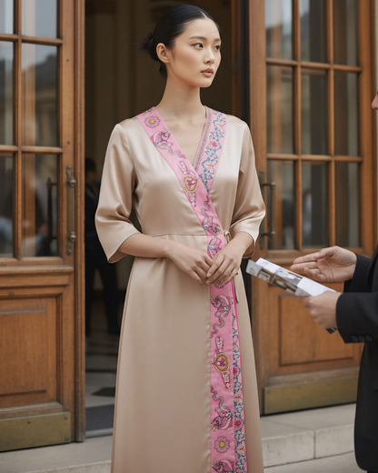 Đầm Quấn Lụa / Họa tiết Lụa Trơn Be & Twilly Phụng Vũ Vân Ca Hồng