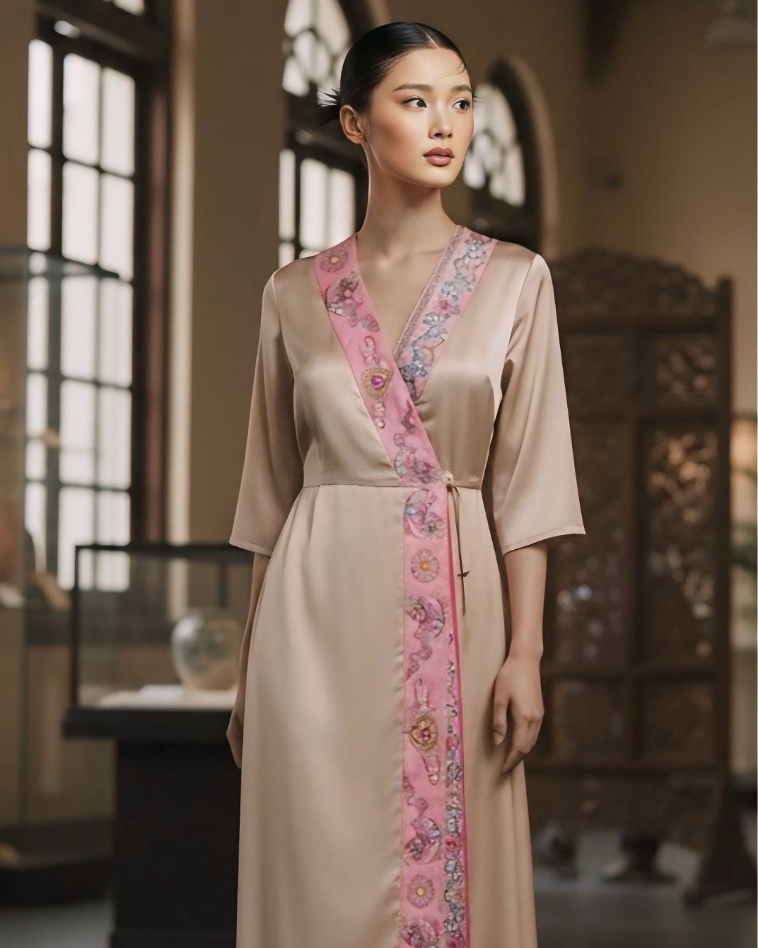 Đầm Quấn Lụa / Họa tiết Lụa Trơn Be & Twilly Phụng Vũ Vân Ca Hồng