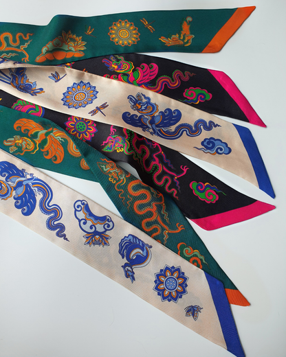 Quà Tặng Cao Cấp / Khăn Twilly Lụa Lý Quốc Ký Sự / Be & Xanh Dương / 6cm x 150cm