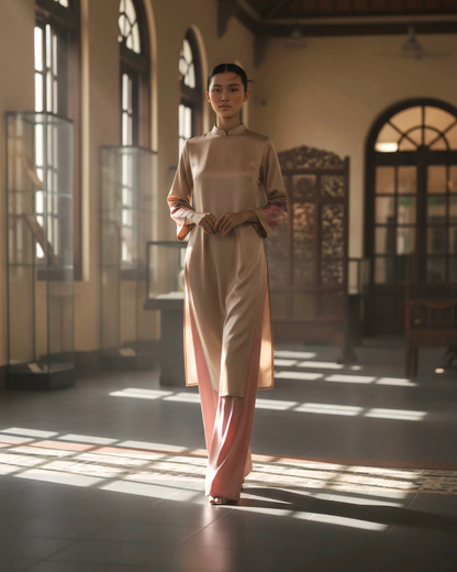 Áo Dài Lụa Tay Loa / Họa tiết Lụa Trơn Be Hồng & Twilly Phụng Vũ Vân Ca Hồng