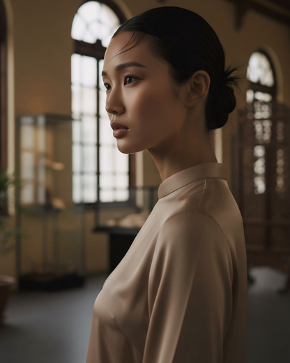 Áo Dài Lụa Tay Loa / Họa tiết Lụa Trơn Be Hồng & Twilly Phụng Vũ Vân Ca Hồng